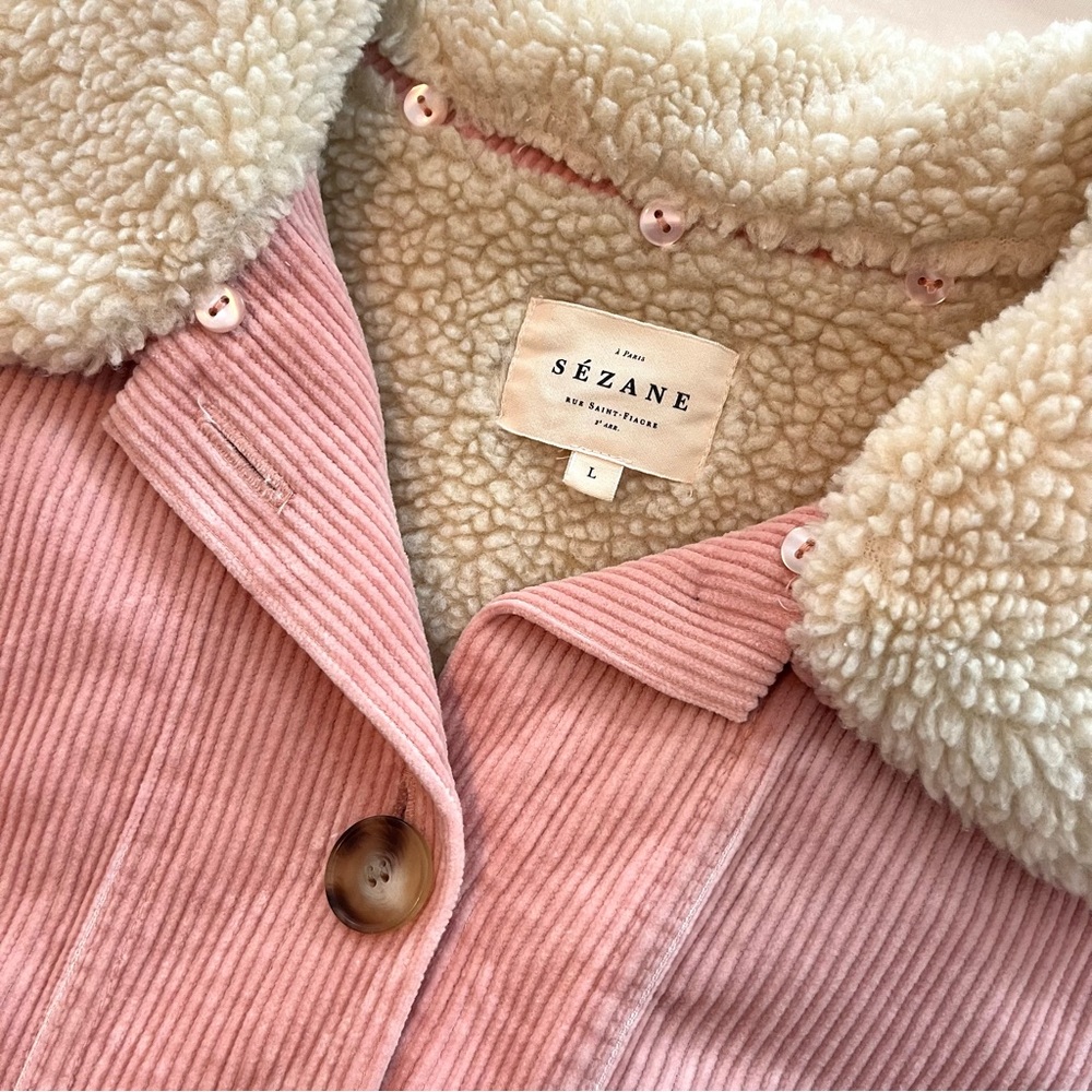 Sezane Will Jacket Size Large Pink Corduroy with Faux Sheepskin Collar - Picture 2 of 4